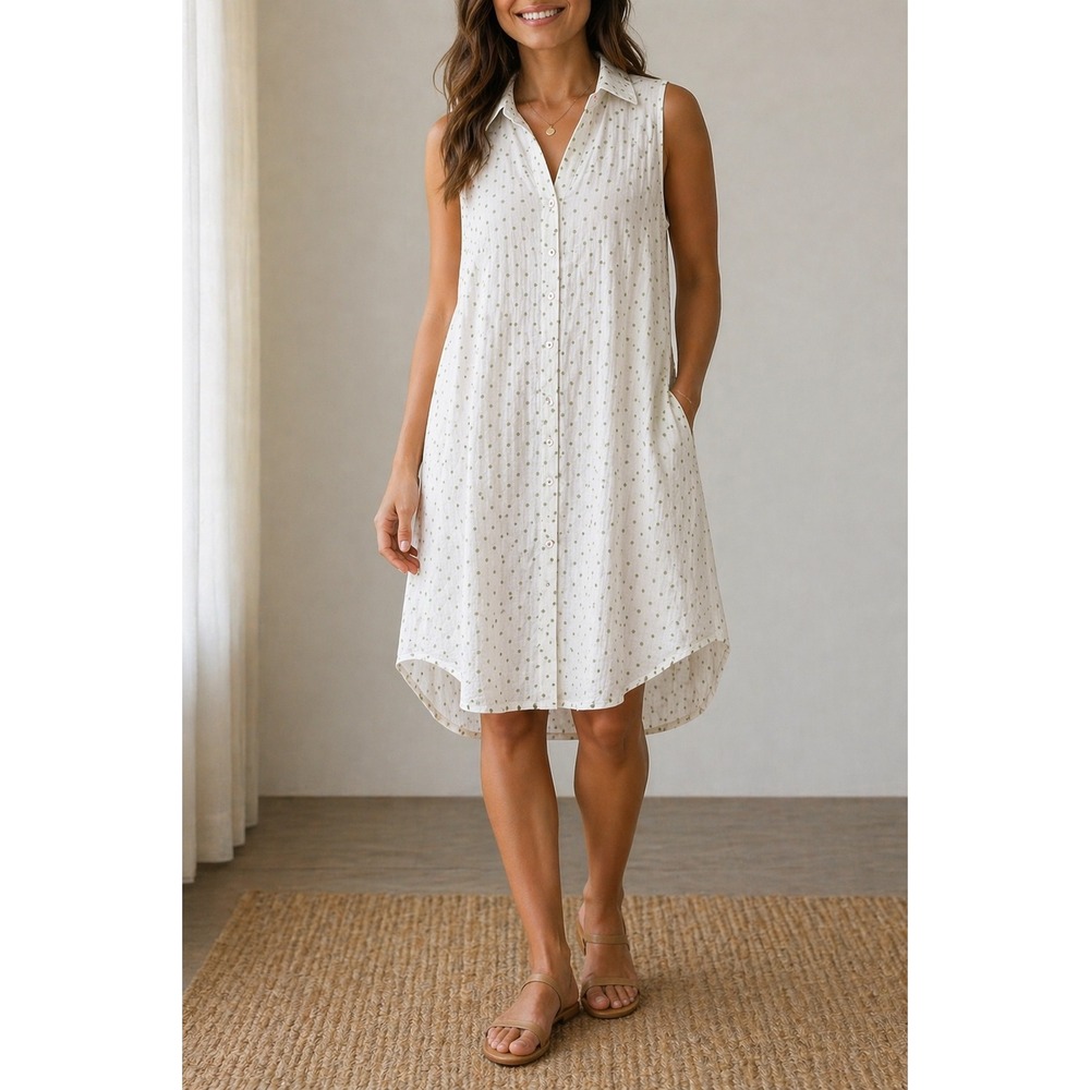 AND Size 10 Shirt Dress White Polka Dot Sleeveless Cotton High Low Pockets